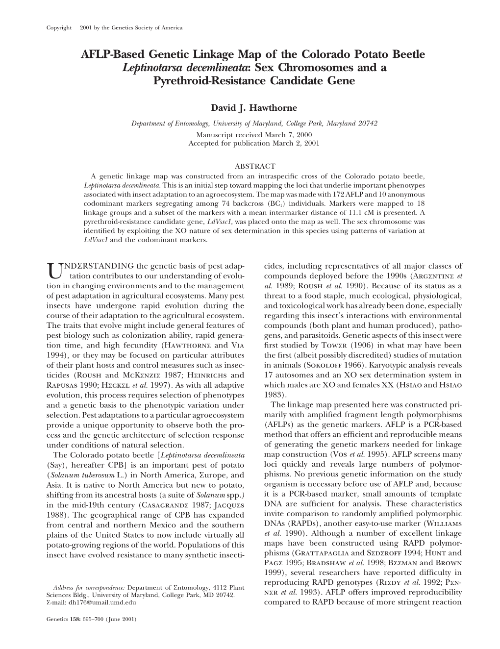 AFLP-Based Genetic Linkage Map of the Colorado Potato Beetle Leptinotarsa Decemlineata: Sex Chromosomes and a Pyrethroid-Resistance Candidate Gene