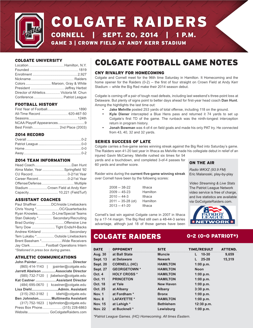 Colgate Raiders Cornell | Sept