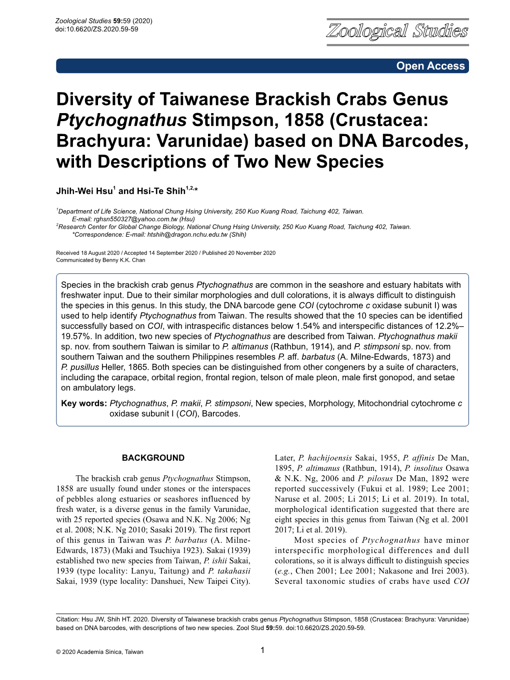 Diversity of Taiwanese Brackish Crabs Genus Ptychognathus Stimpson, 1858 (Crustacea: Brachyura: Varunidae) Based on DNA Barcodes, with Descriptions of Two New Species