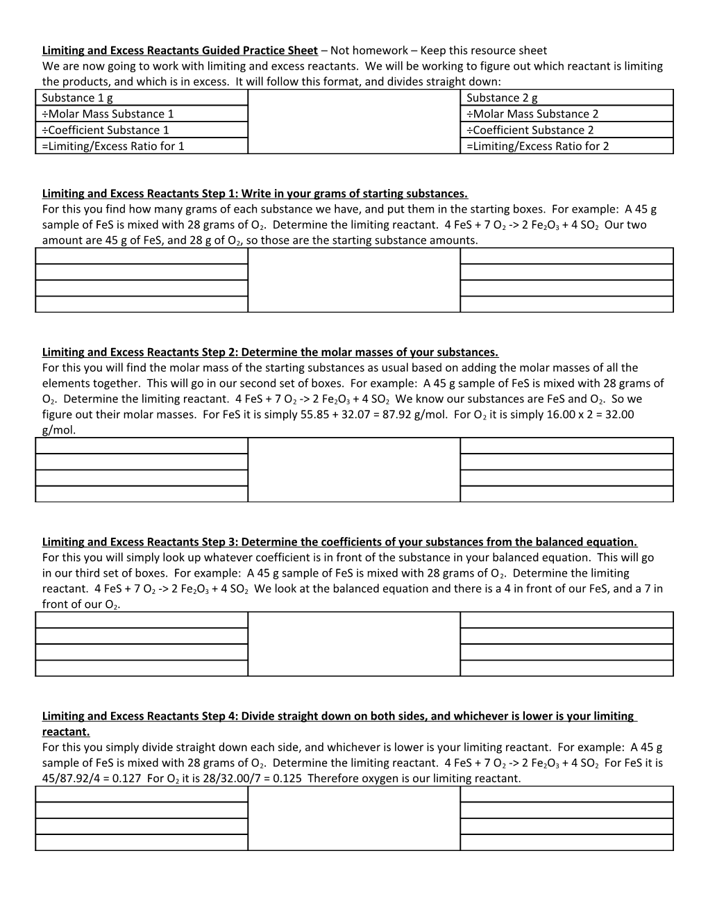 Limiting and Excess Reactants Step 1: Write in Your Grams of Starting Substances