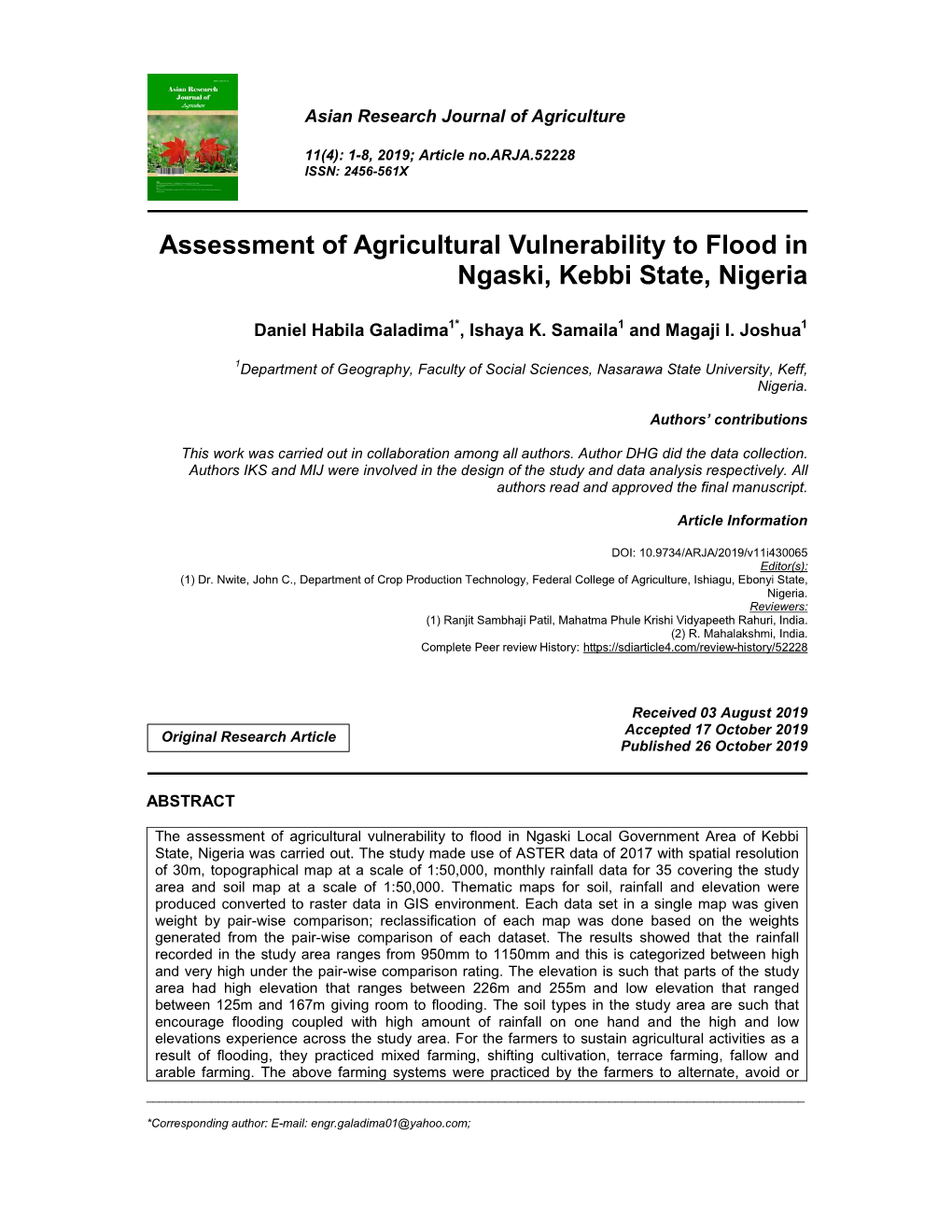 Assessment of Agricultural Vulnerability to Flood in Ngaski, Kebbi State, Nigeria