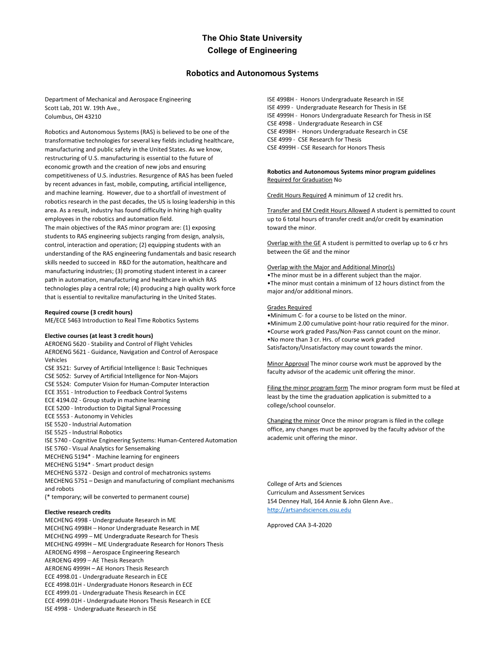 Robotics and Autonomous Systems Minor Sheet