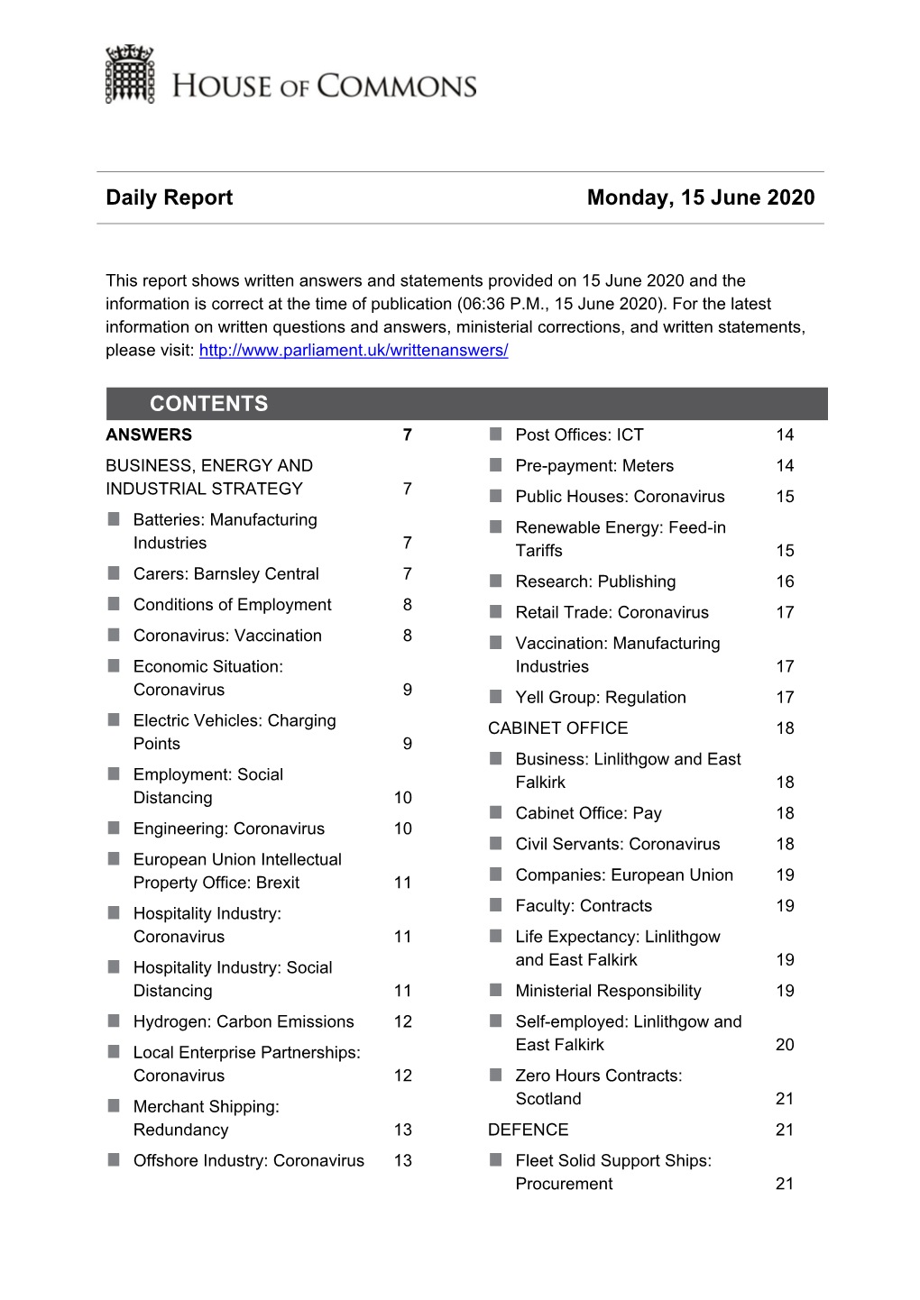 Daily Report Monday, 15 June 2020 CONTENTS