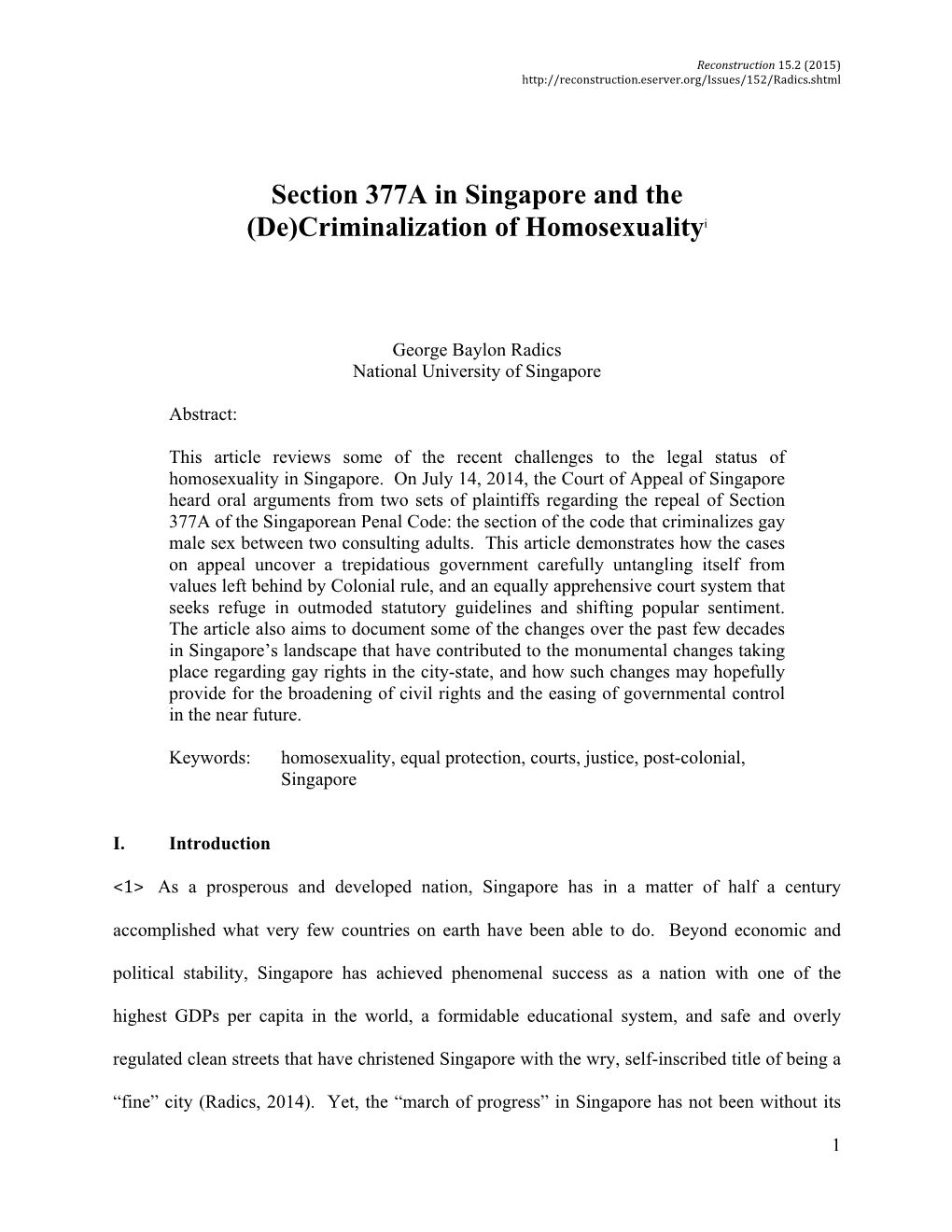 Section 377A in Singapore and the (De)Criminalization of Homosexualityi