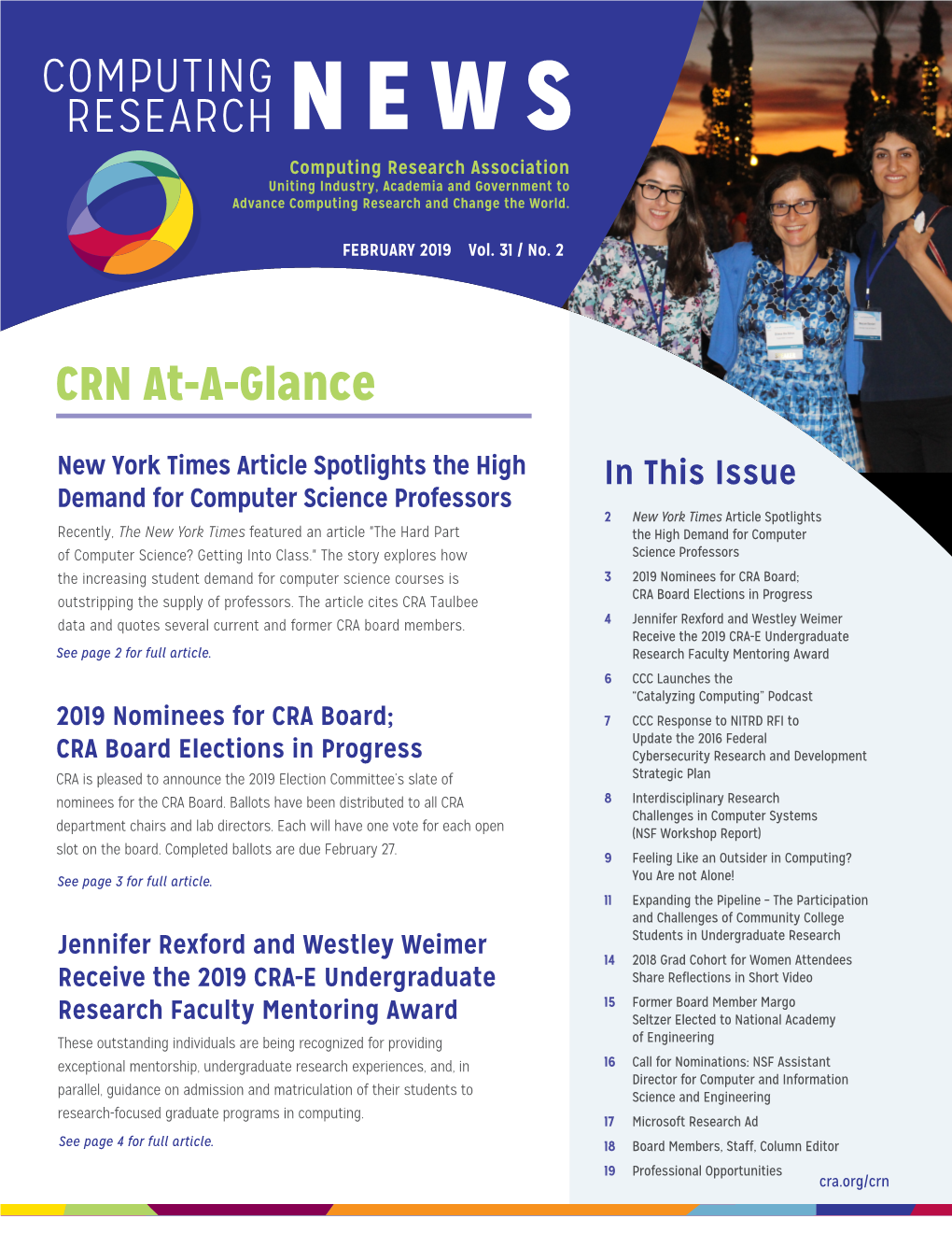 Jennifer Rexford and Westley Weimer Receive the 2019 CRA-E Undergraduate See Page 2 for Full Article
