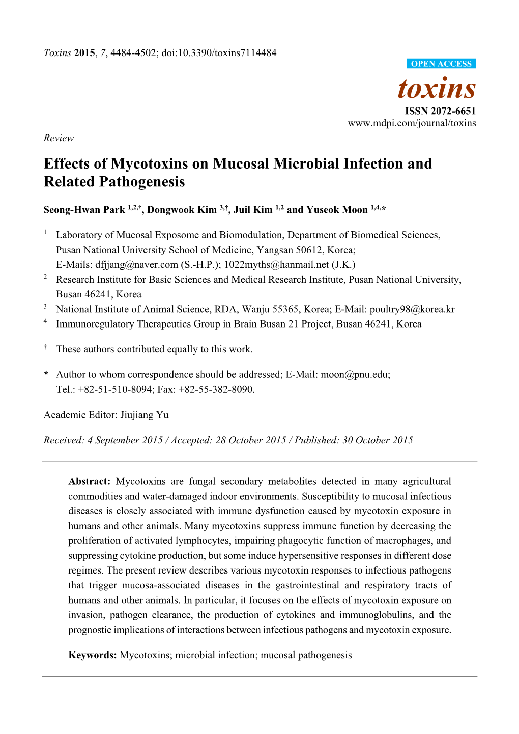 Effects of Mycotoxins on Mucosal Microbial Infection and Related Pathogenesis