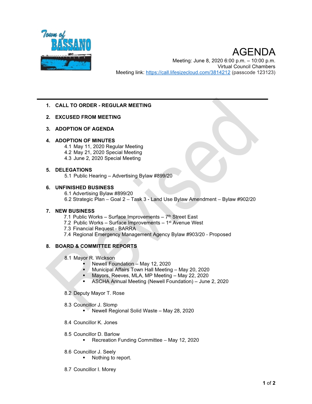 2020-06-08 Regular Council Agenda