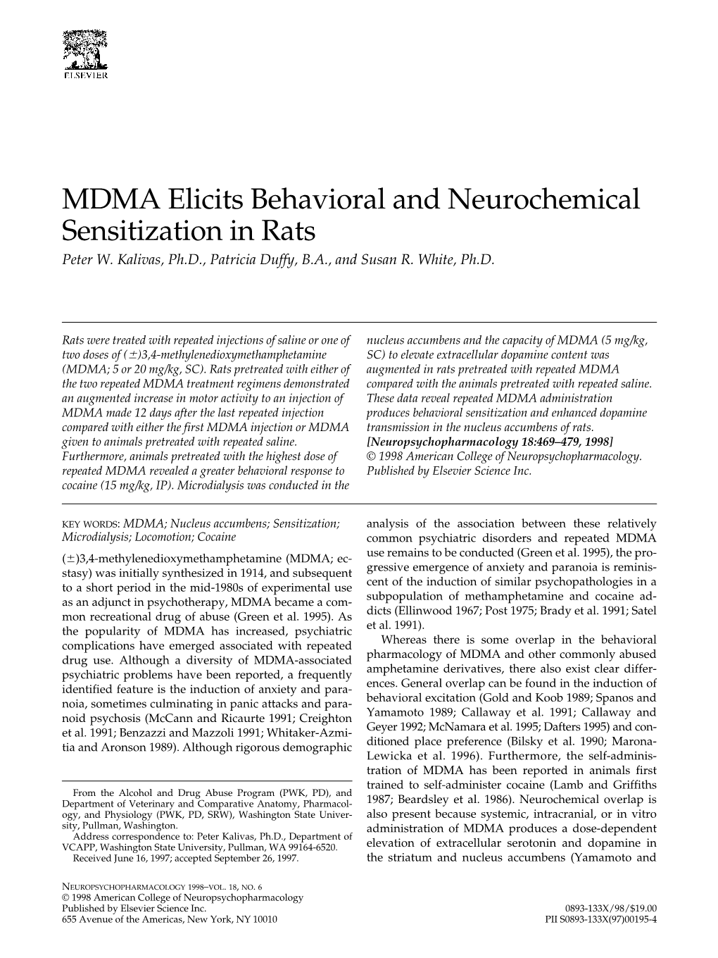 MDMA Elicits Behavioral and Neurochemical Sensitization in Rats Peter W