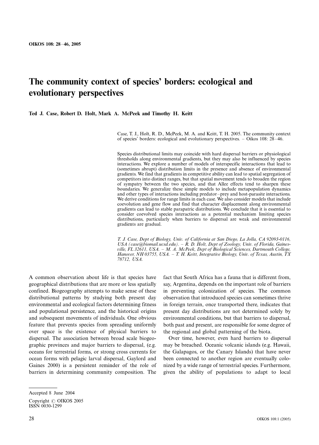The Community Context of Species' Borders: Ecological And