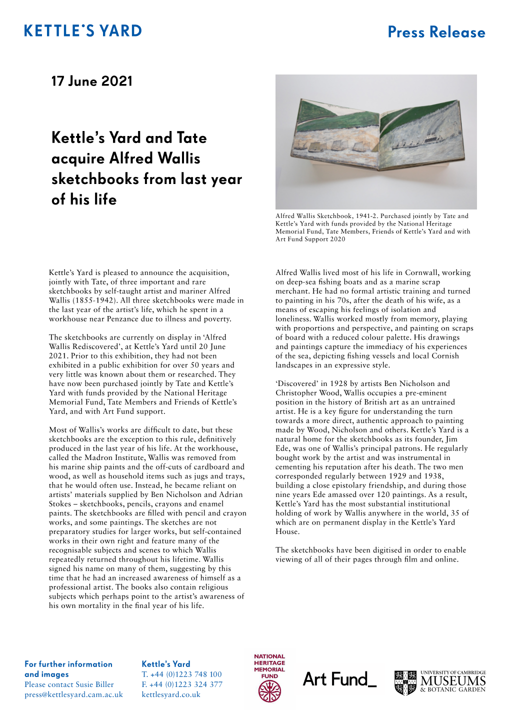 Press Release Kettle's Yard and Tate Acquire Alfred Wallis Sketchbooks