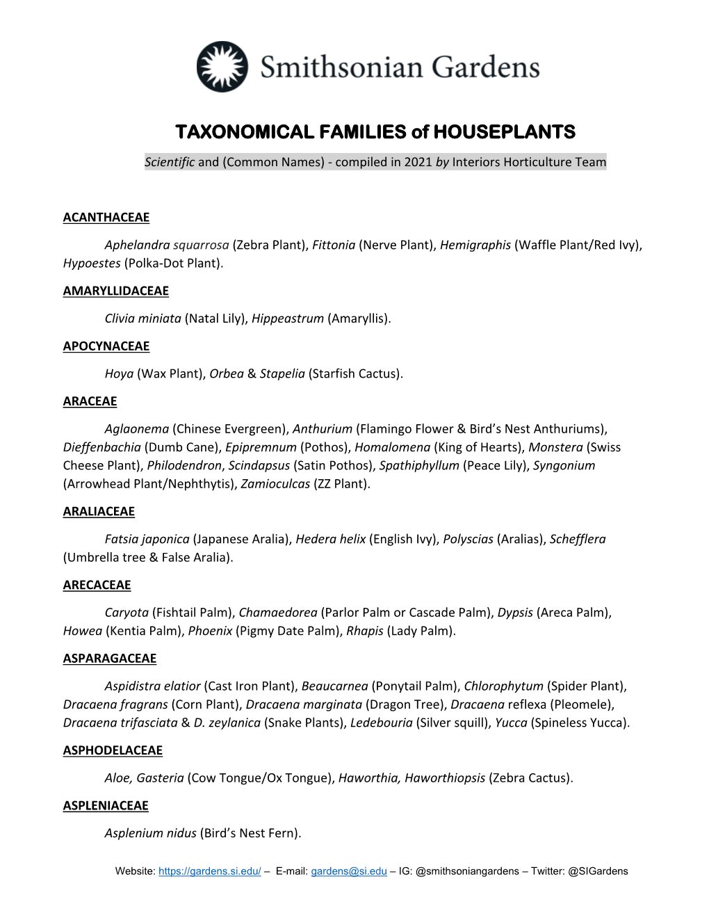 Handout for Taxonomical Families of Houseplants