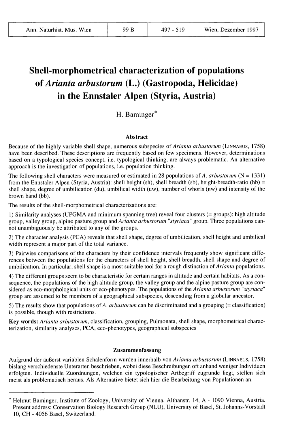 Shell-Morphometrical Characterization of Populations of Arianta Arbustorum (L.) (Gastropoda, Helicidae) in the Ennstaler Alpen (Styria, Austria)