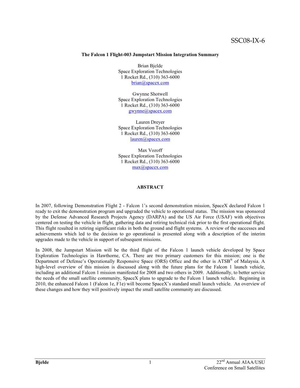 The Falcon 1 Flight-003 Jumpstart Mission Integration Summary