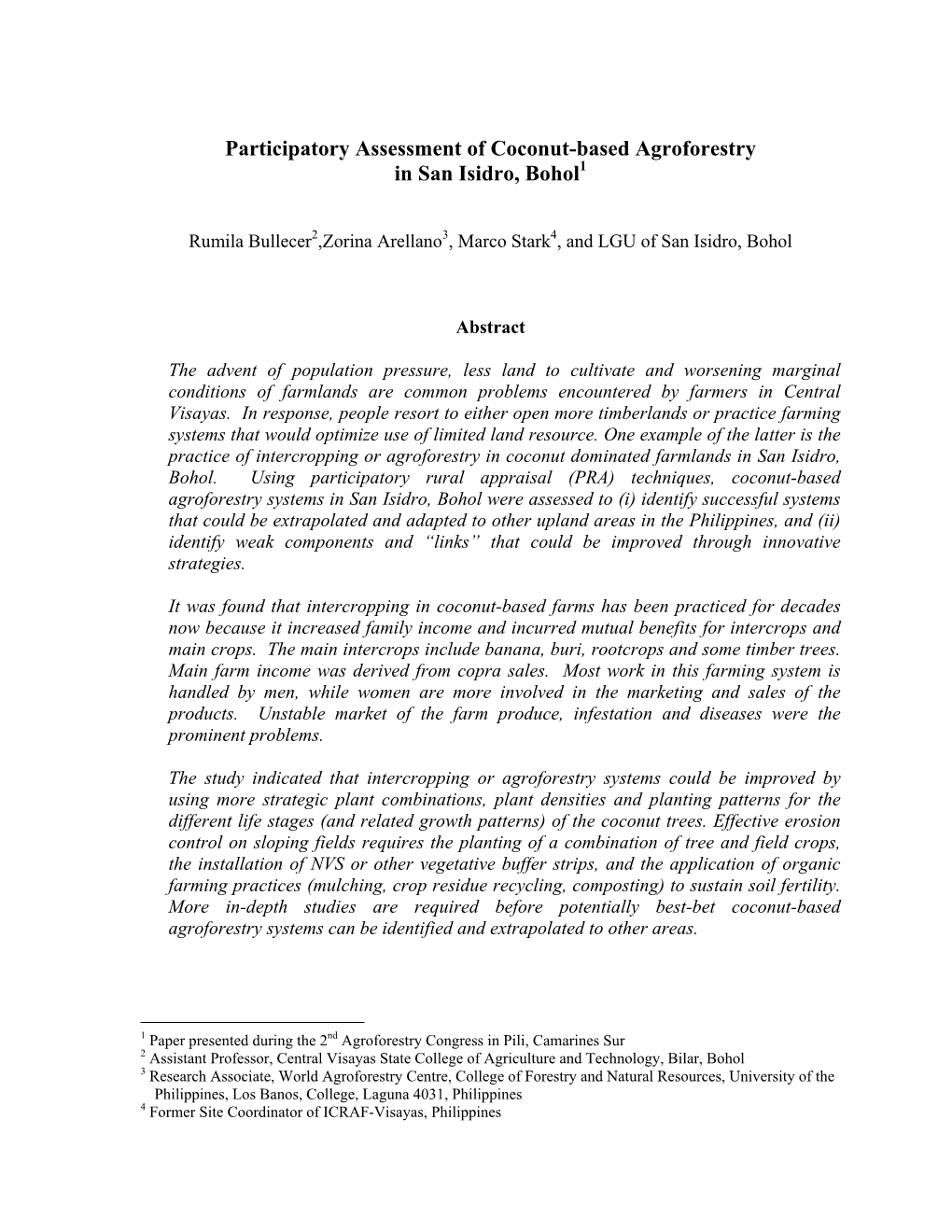 Participatory Assessment of Coconut-Based Agroforestry in San Isidro, Bohol1