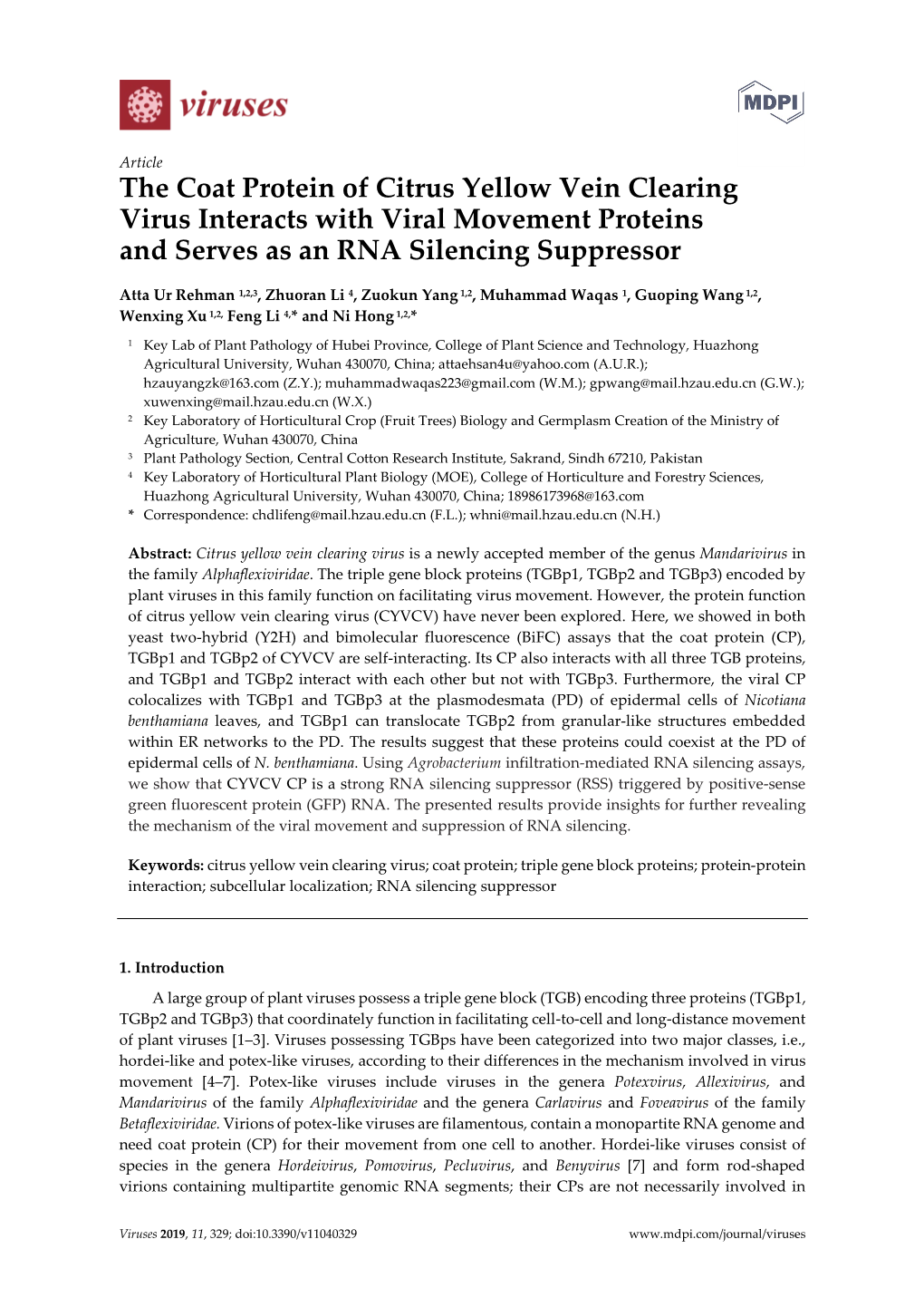 The Coat Protein of Citrus Yellow Vein Clearing Virus Interacts with Viral Movement Proteins and Serves As an RNA Silencing Suppressor