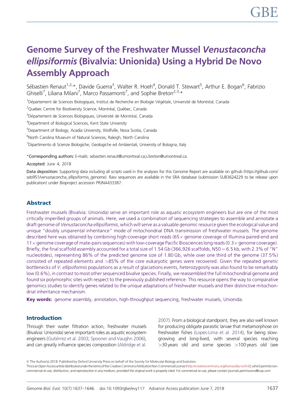 Genome Survey of the Freshwater Mussel Venustaconcha Ellipsiformis (Bivalvia: Unionida) Using a Hybrid De Novo Assembly Approach