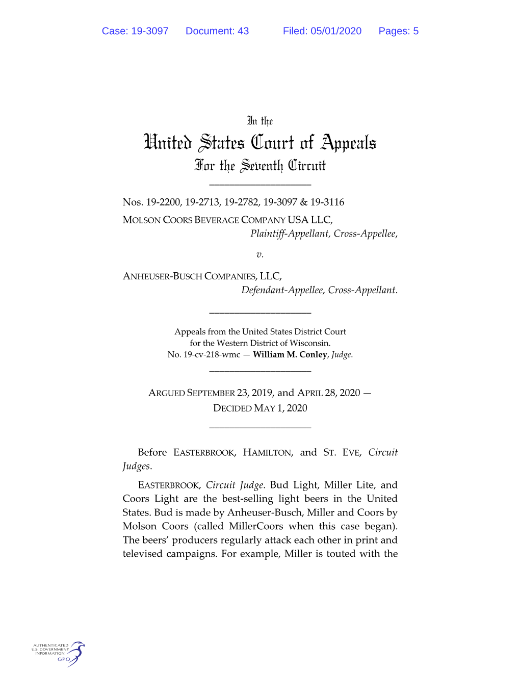 United States Court of Appeals for the Seventh Circuit ______