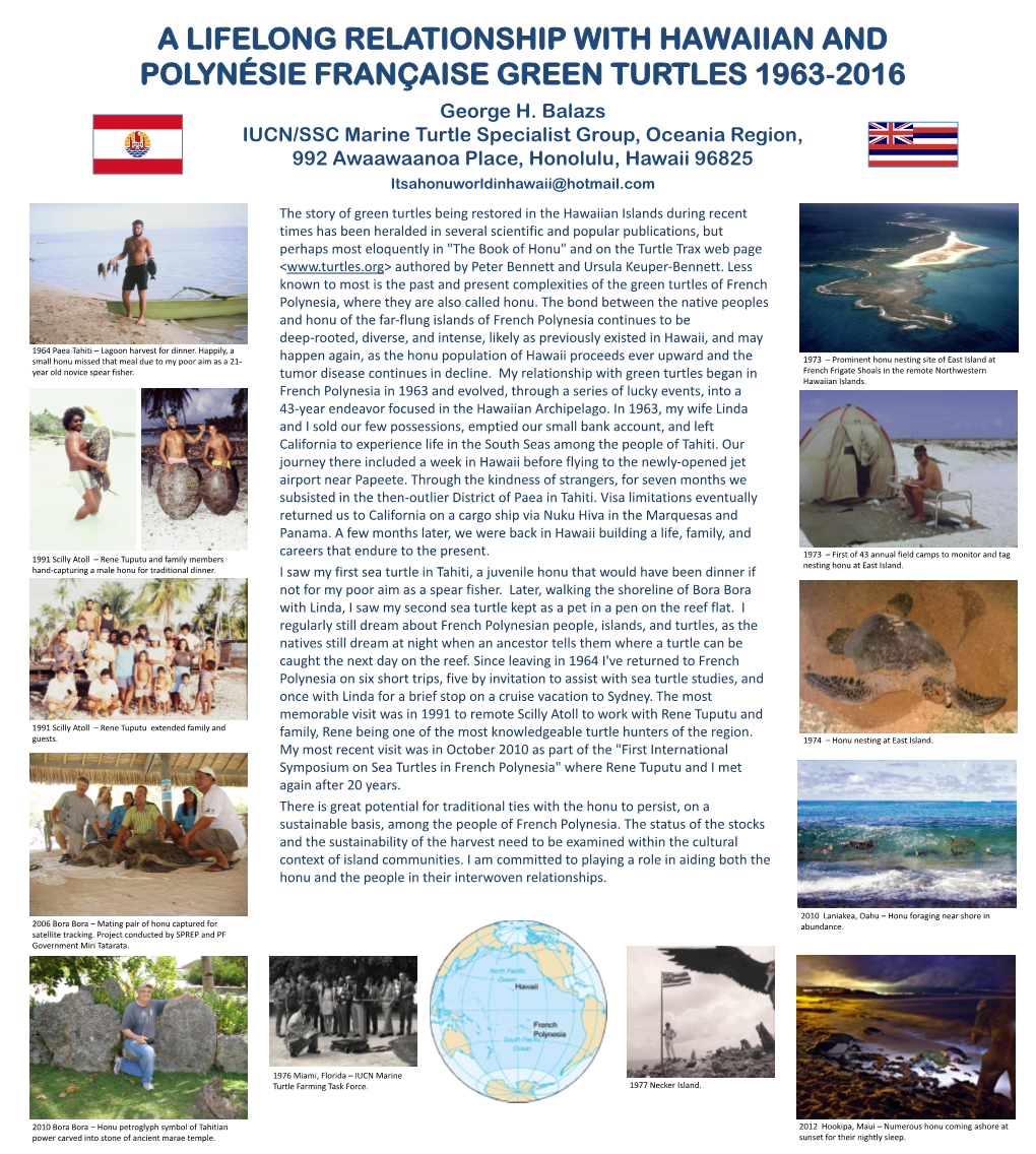 A Lifelong Relationship with Hawaiian and French Polynesian Green Turtles, 1963‐2016