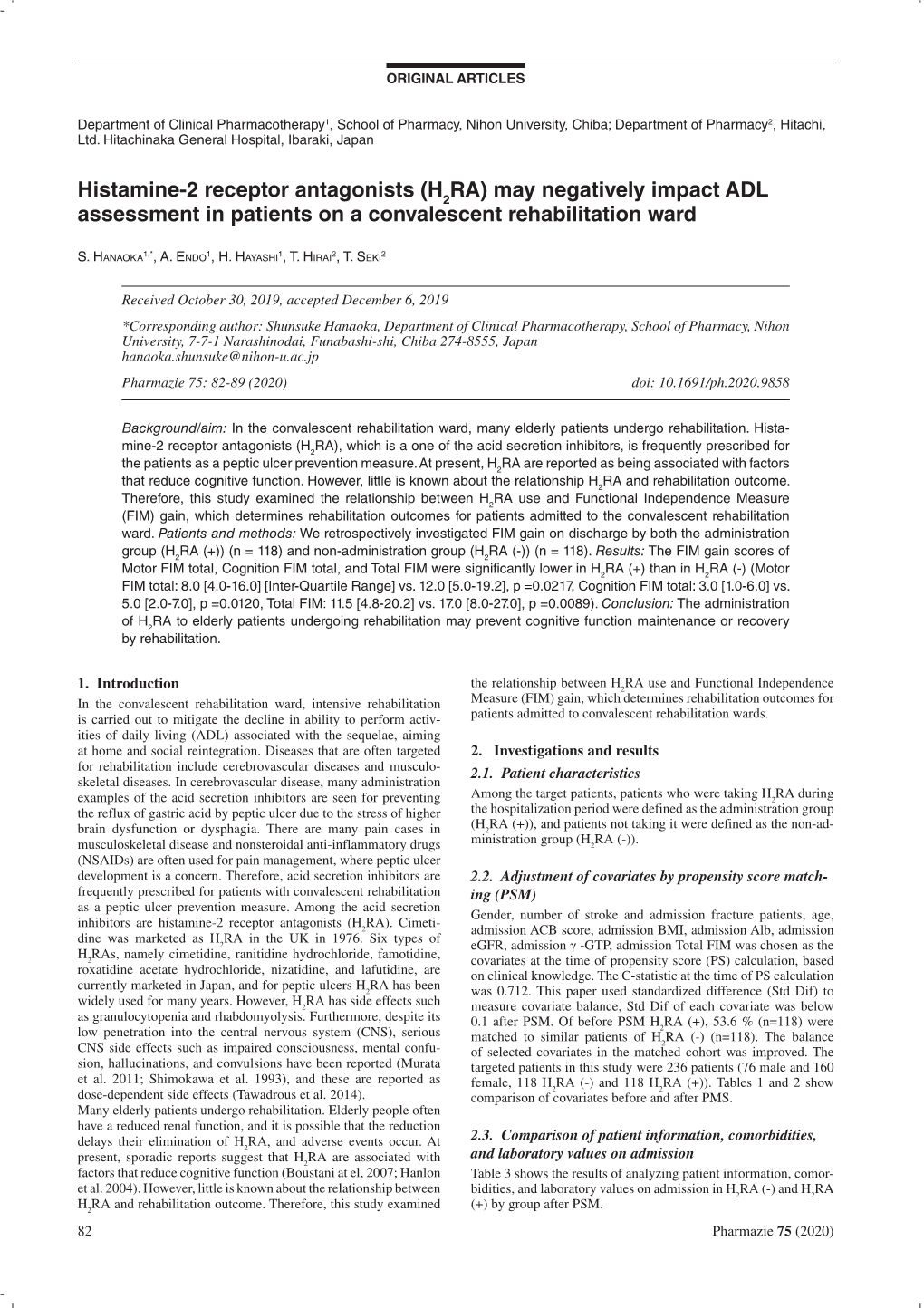 Histamine-2 Receptor Antagonists (H2RA) May Negatively Impact ADL Assessment in Patients on a Convalescent Rehabilitation Ward