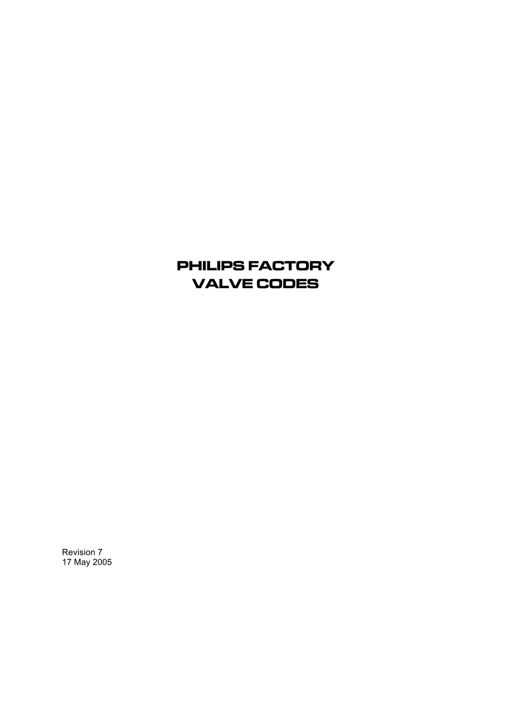 Philips Factory Valve Codes