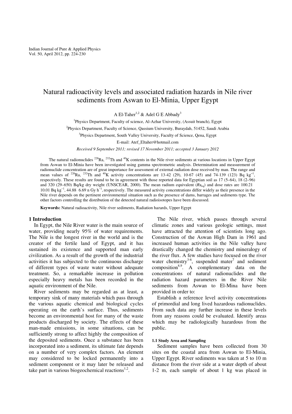 Natural Radioactivity Levels and Associated Radiation Hazards in Nile River Sediments from Aswan to El-Minia, Upper Egypt