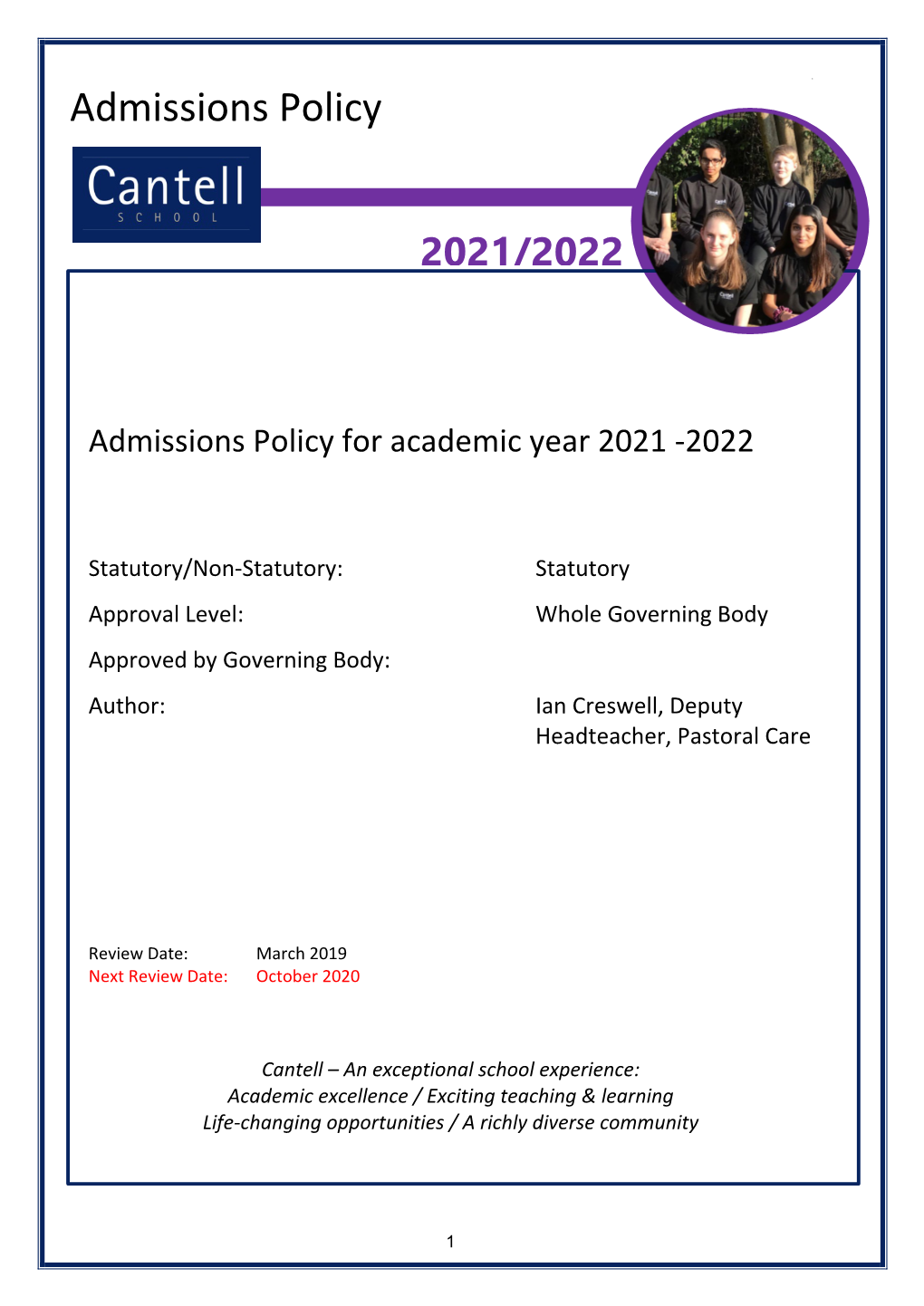 Cantell School Admissions Policy 2021-2022