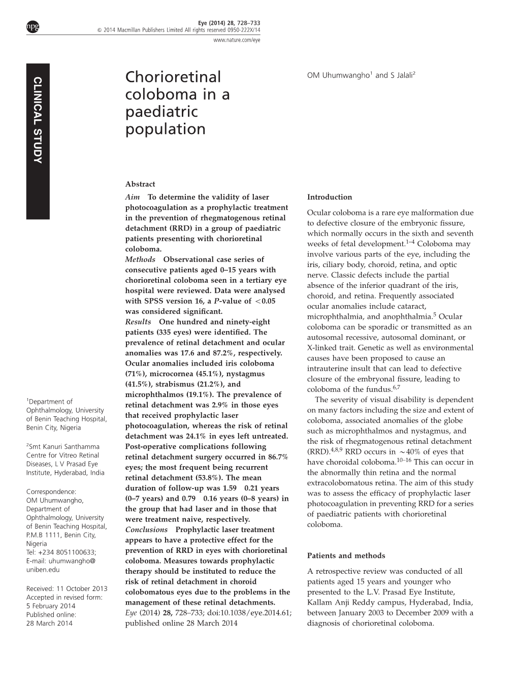 Chorioretinal Coloboma in a Paediatric Population