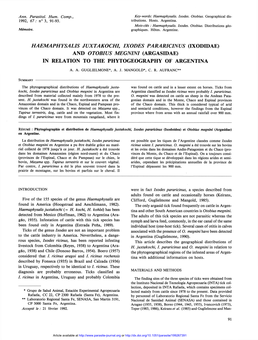 And Otobius Megnini (Argasidae) in Relation to the Phytogeography of Argentina