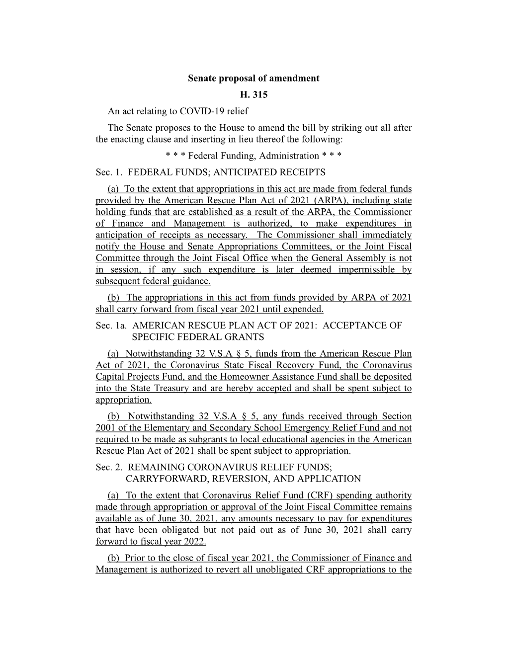 Senate Proposal of Amendment H. 315 an Act Relating to COVID-19
