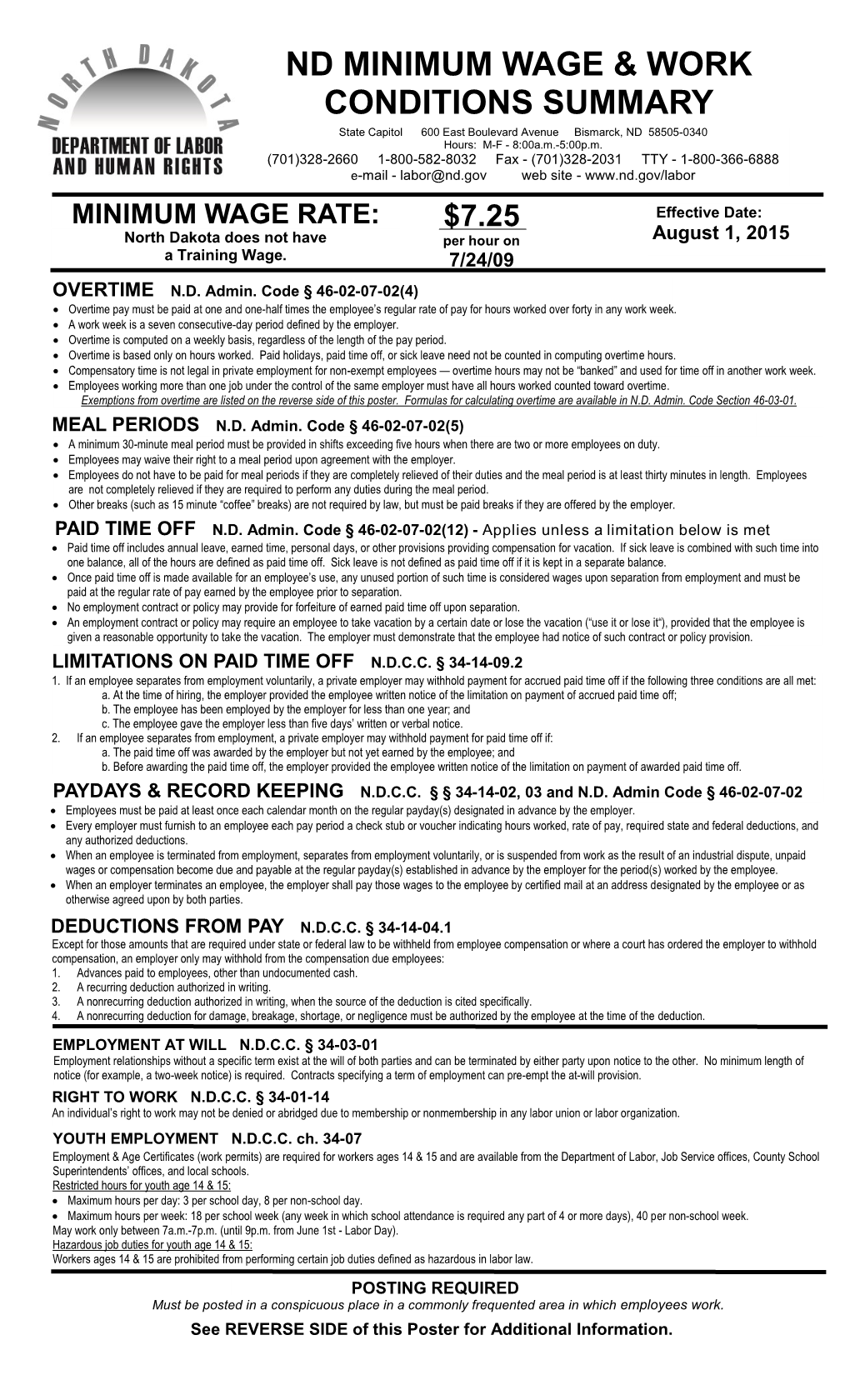 ND Minimum Wage & Work Conditions Summary Poster