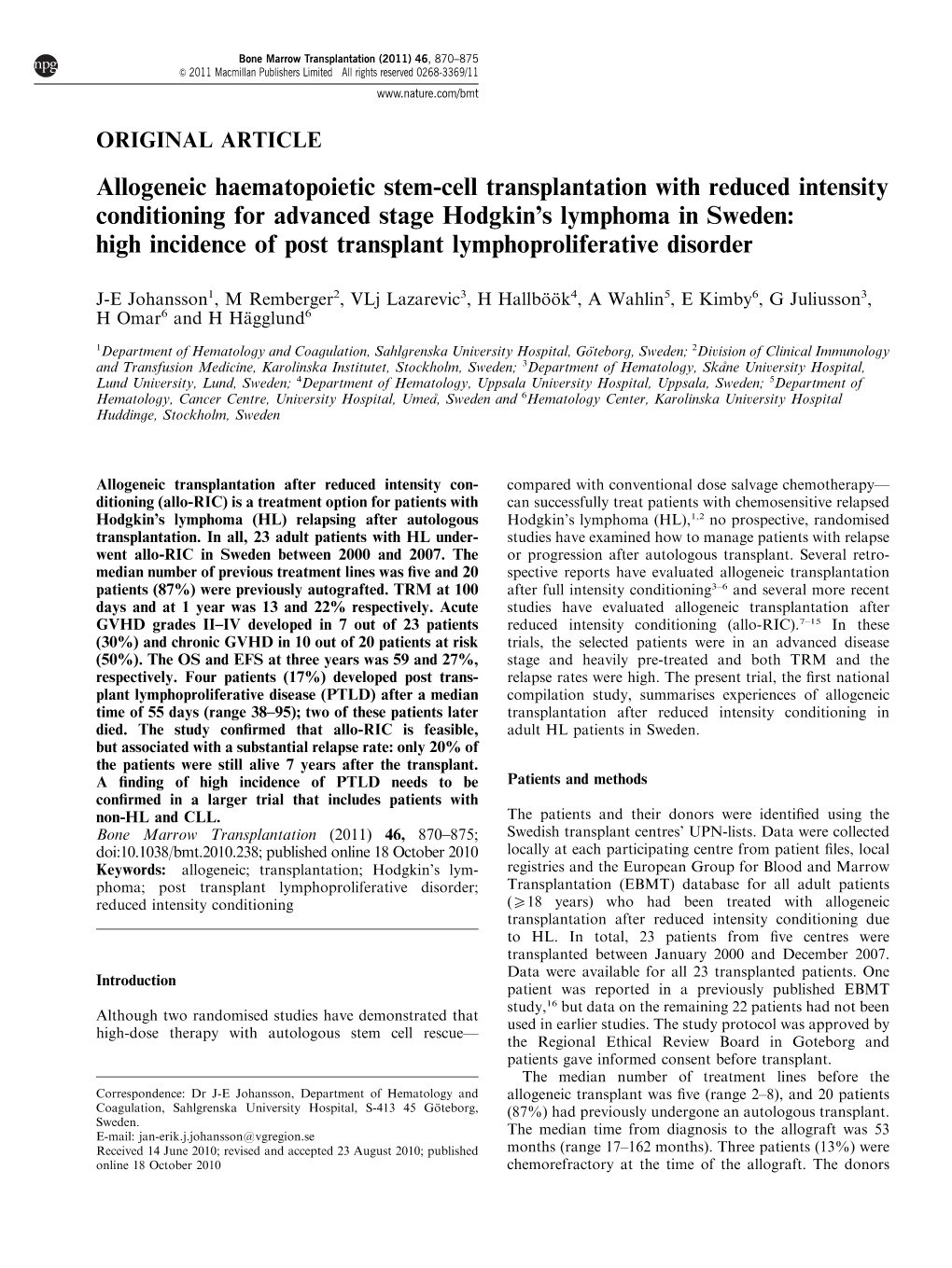 Allogeneic Haematopoietic Stem-Cell Transplantation With