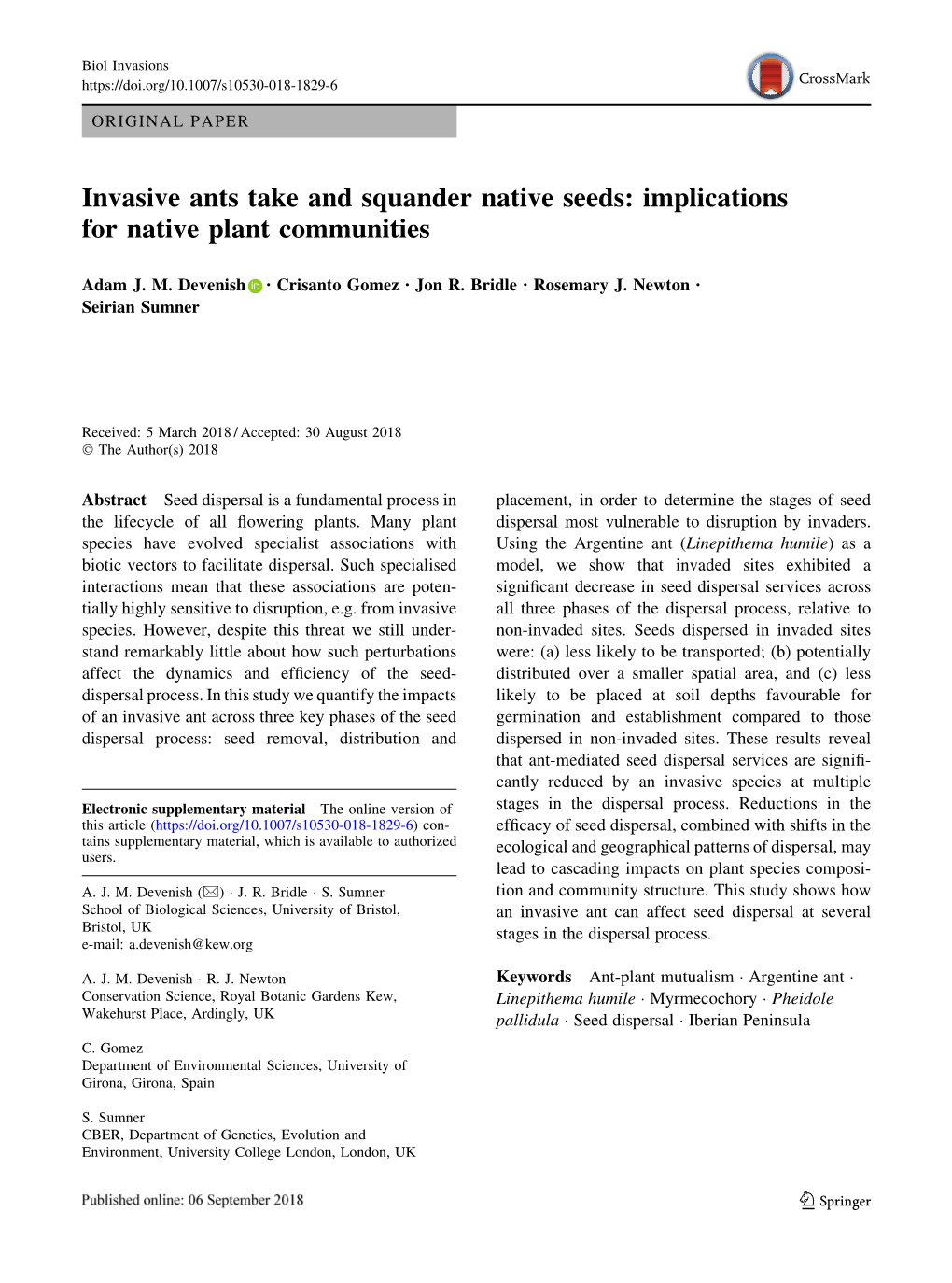 Invasive Ants Take and Squander Native Seeds: Implications for Native Plant Communities