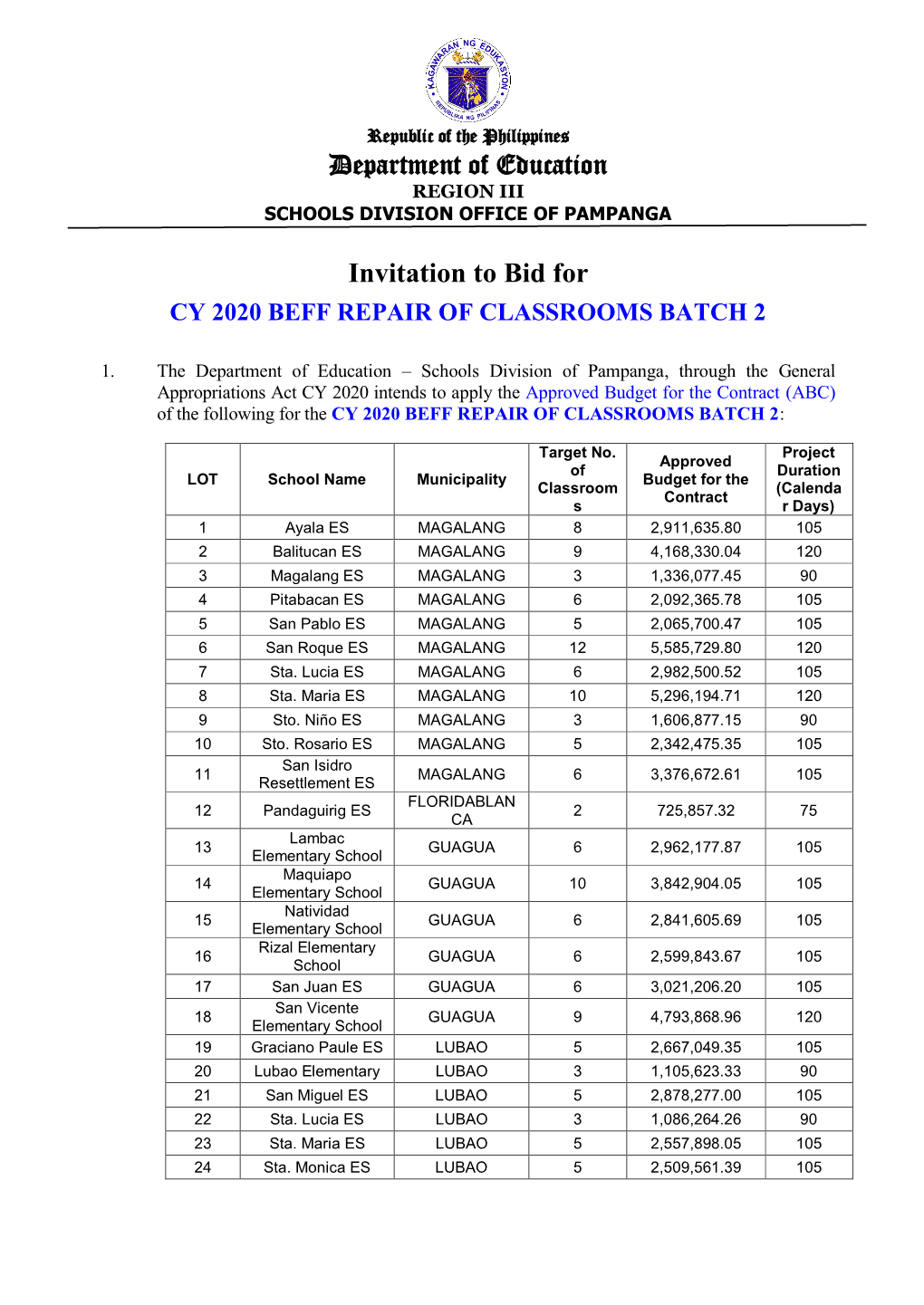 Department of Education Invitation to Bid