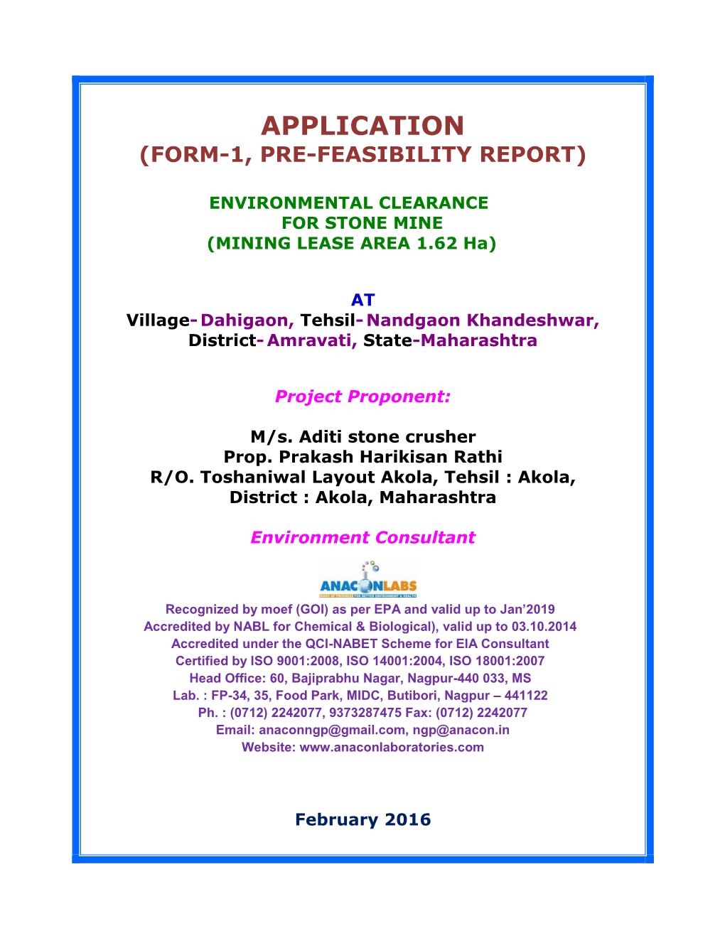 Application (Form-1, Pre-Feasibility Report)