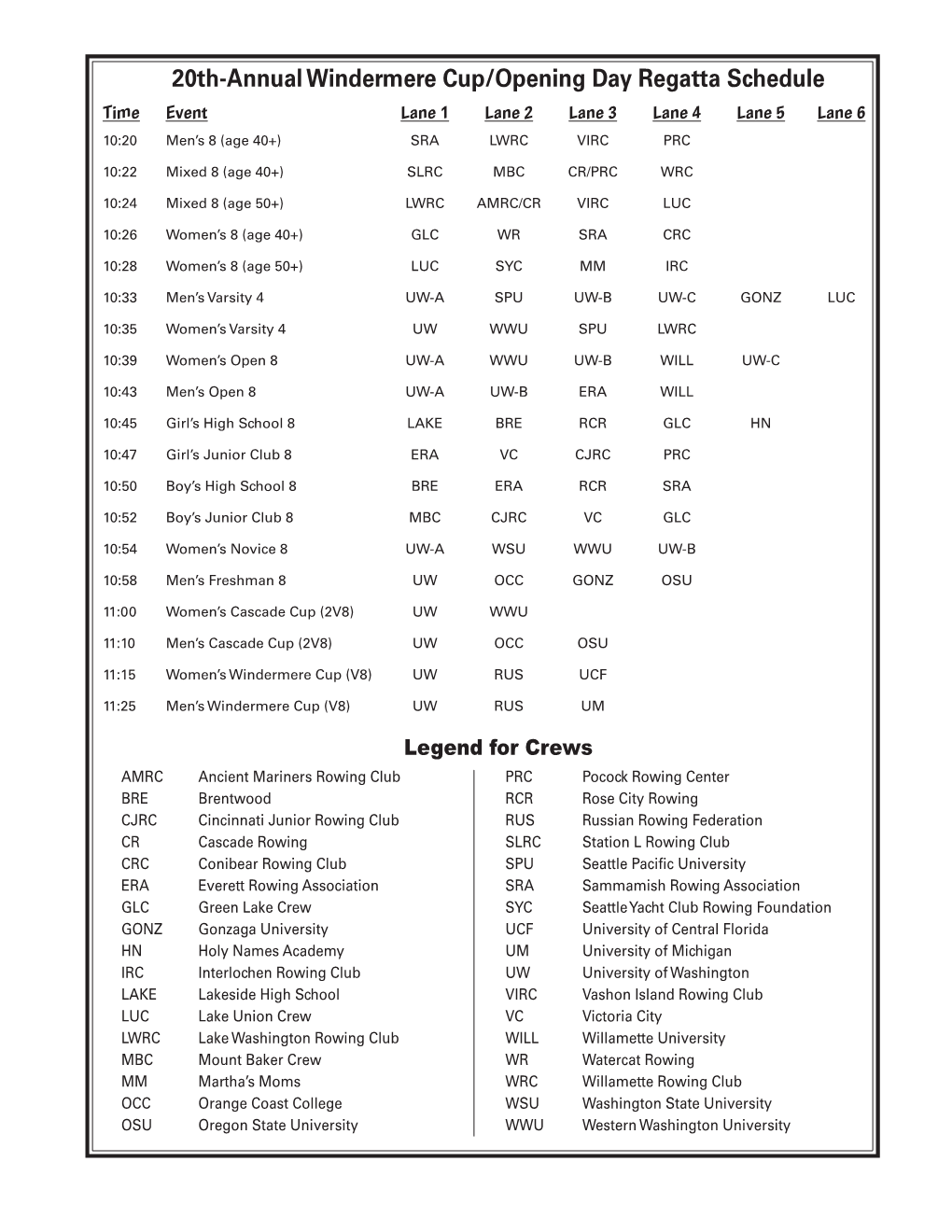 20Th-Annual Windermere Cup/Opening Day Regatta Schedule Time Event Lane 1 Lane 2 Lane 3 Lane 4 Lane 5 Lane 6 10:20 Men’S 8 (Age 40+) SRA LWRC VIRC PRC