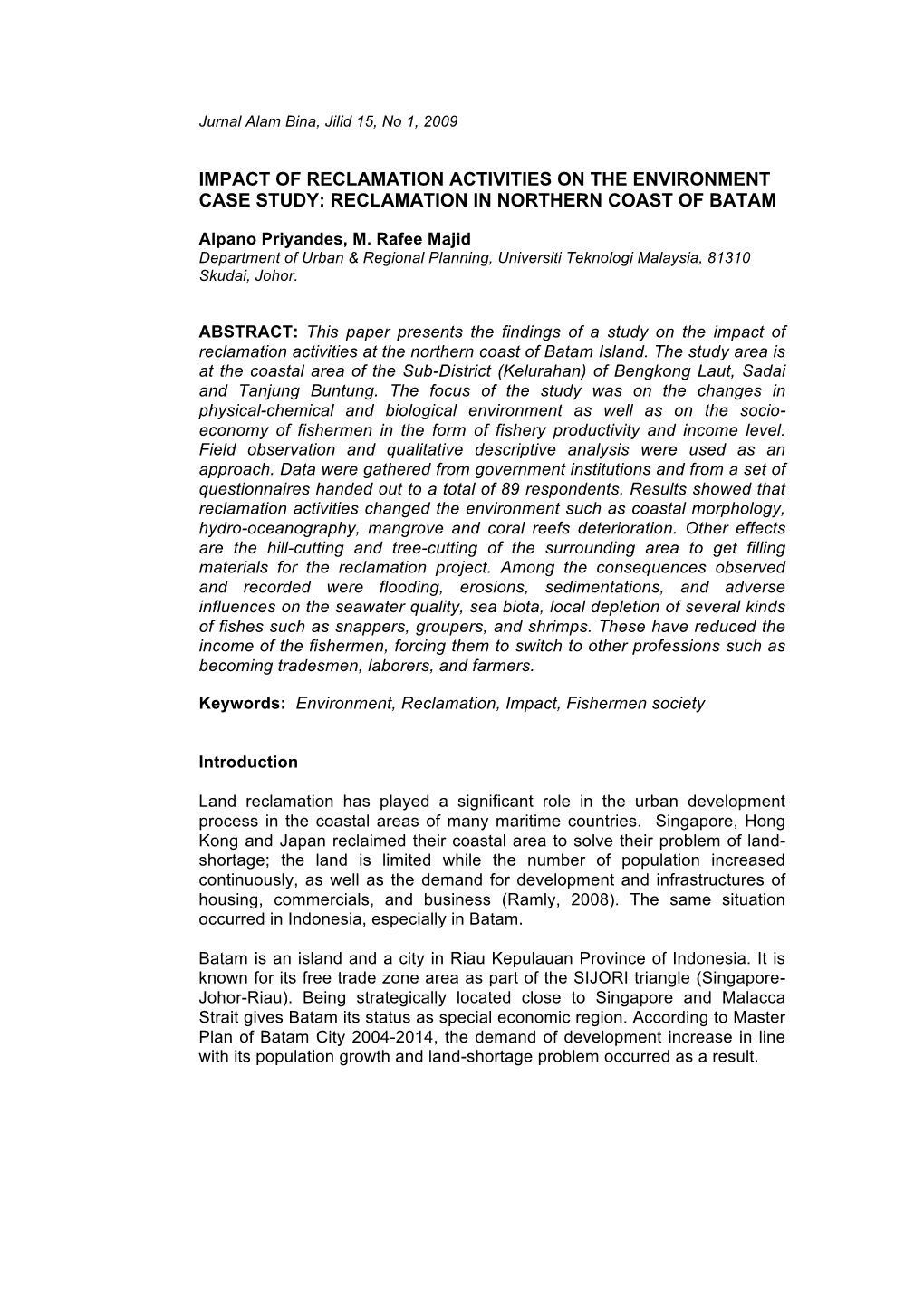 Impact of Reclamation Activities on the Environment Case Study: Reclamation in Northern Coast of Batam