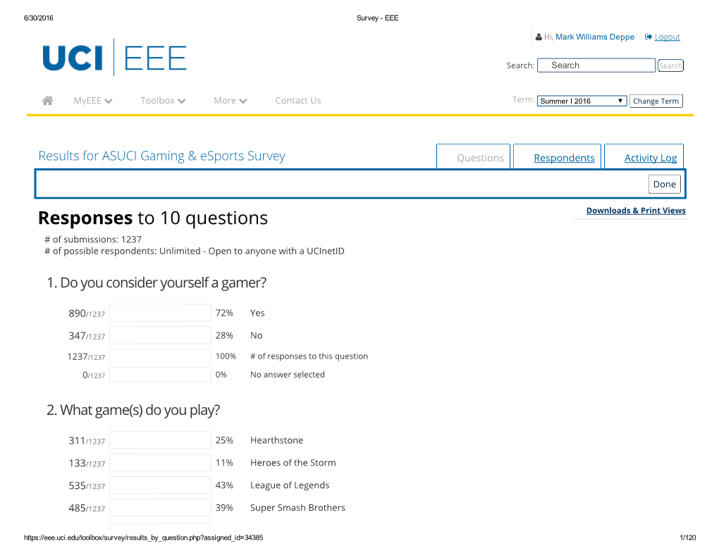 Responses to 10 Questions Downloads & Print Views # of Submissions: 1237 # of Possible Respondents: Unlimited - Open to Anyone with a Ucinetid