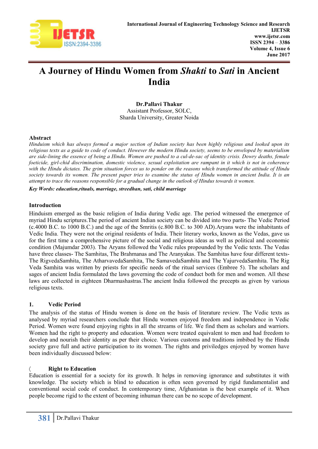 A Journey of Hindu Women from Shakti to Sati in Ancient India