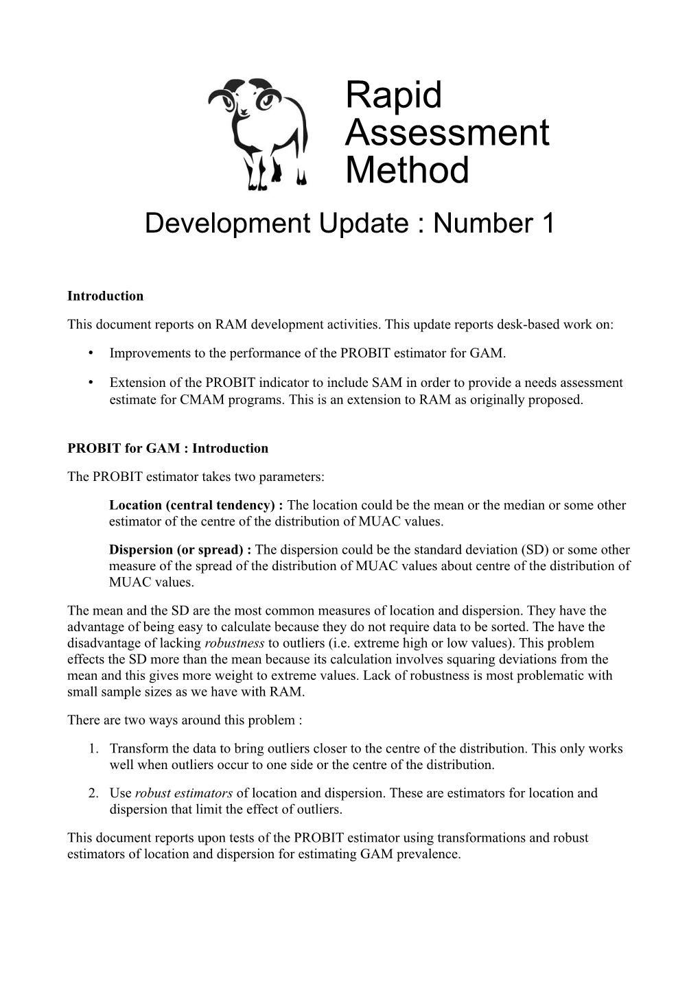 Rapid Assessment Method Development Update : Number 1