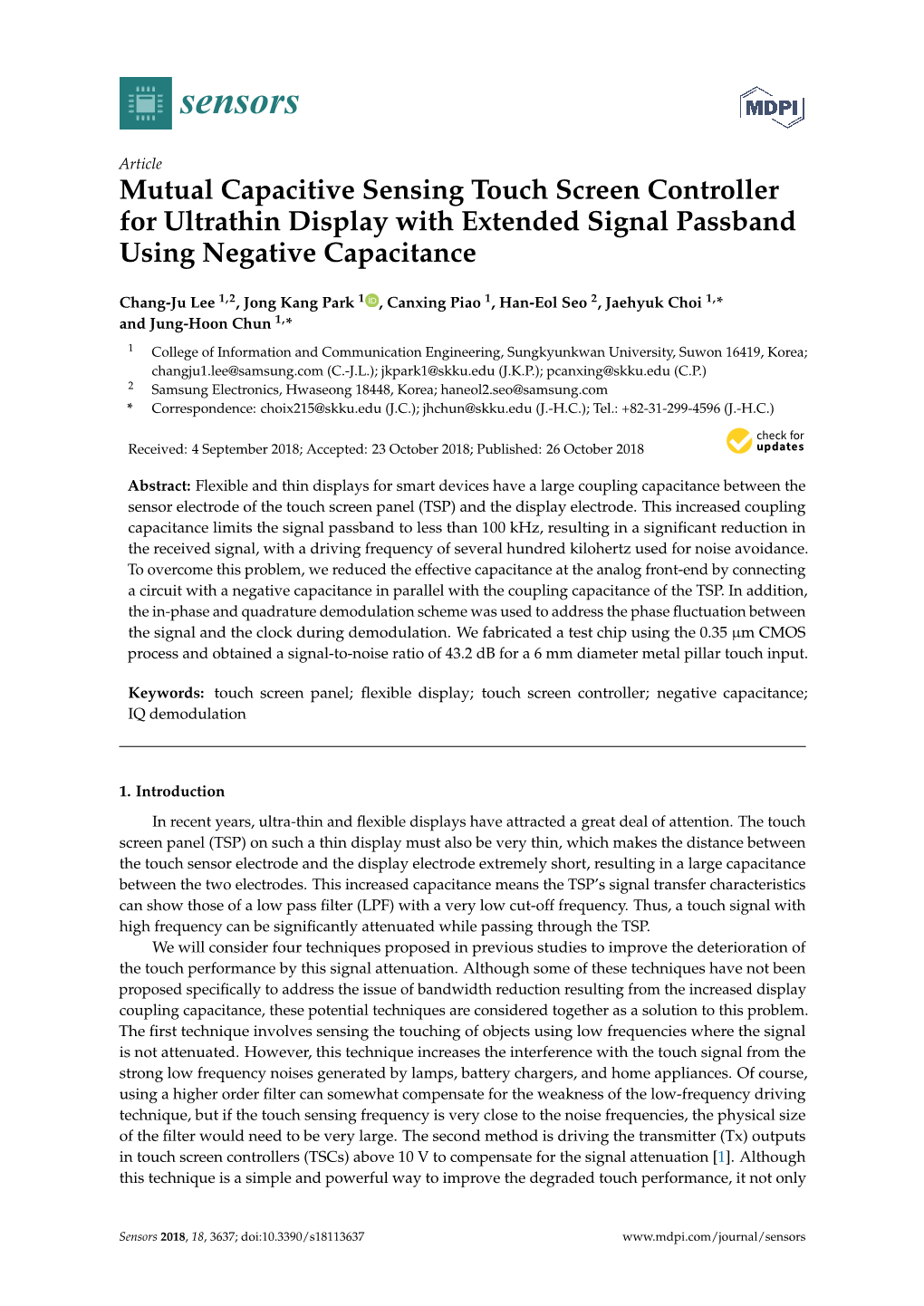 Mutual Capacitive Sensing Touch Screen Controller for Ultrathin Display with Extended Signal Passband Using Negative Capacitance