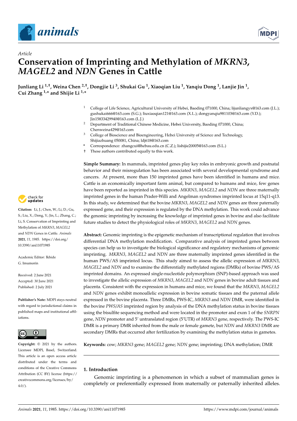 Conservation of Imprinting and Methylation of MKRN3, MAGEL2 and NDN Genes in Cattle