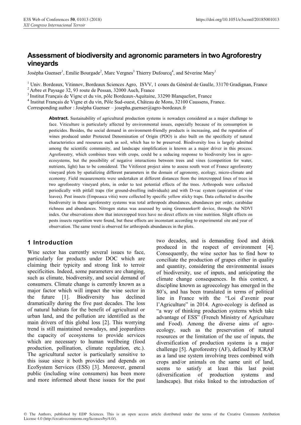 Assessment of Biodiversity and Agronomic Parameters in Two