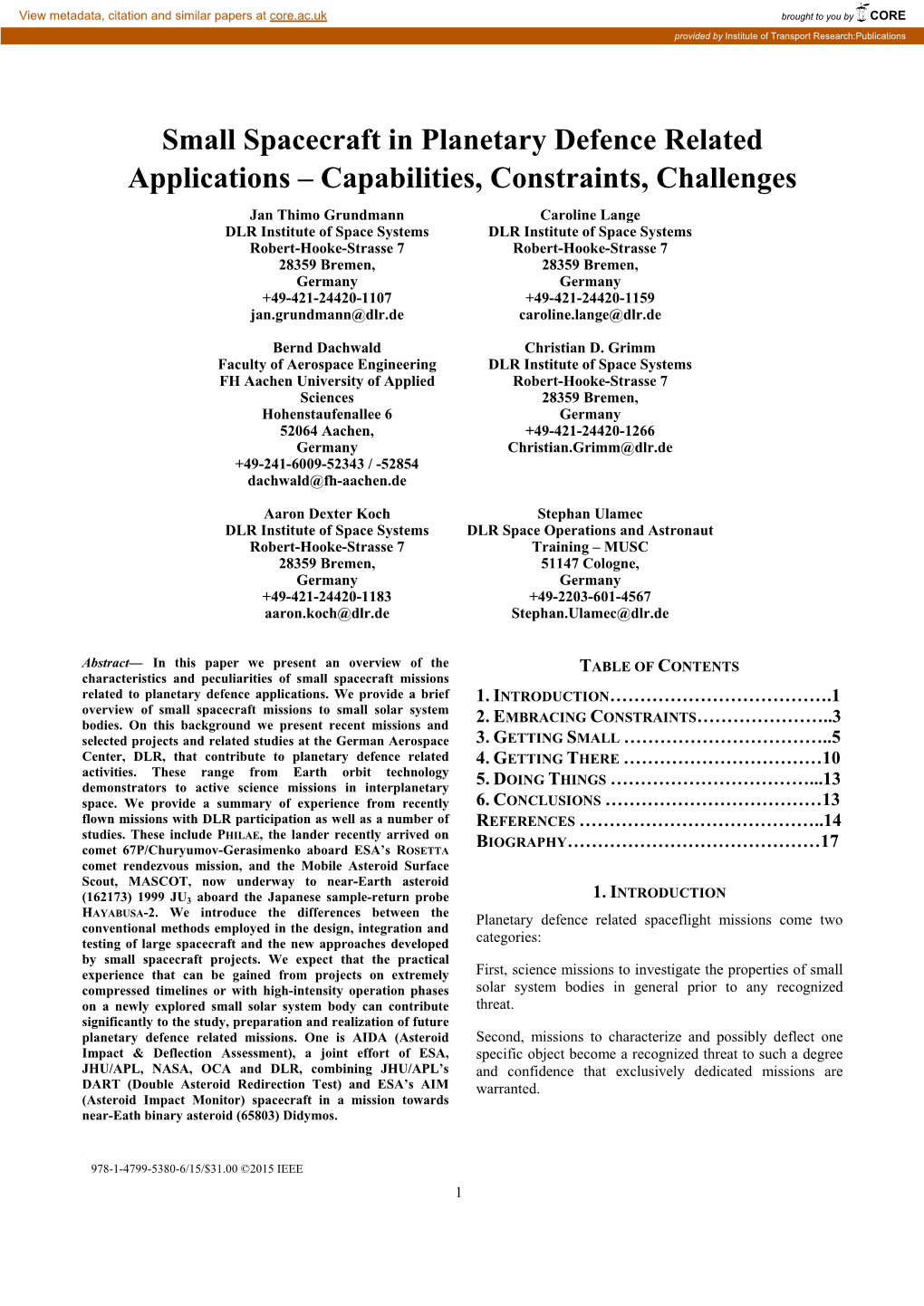 Small Spacecraft in Planetary Defence Related Applications