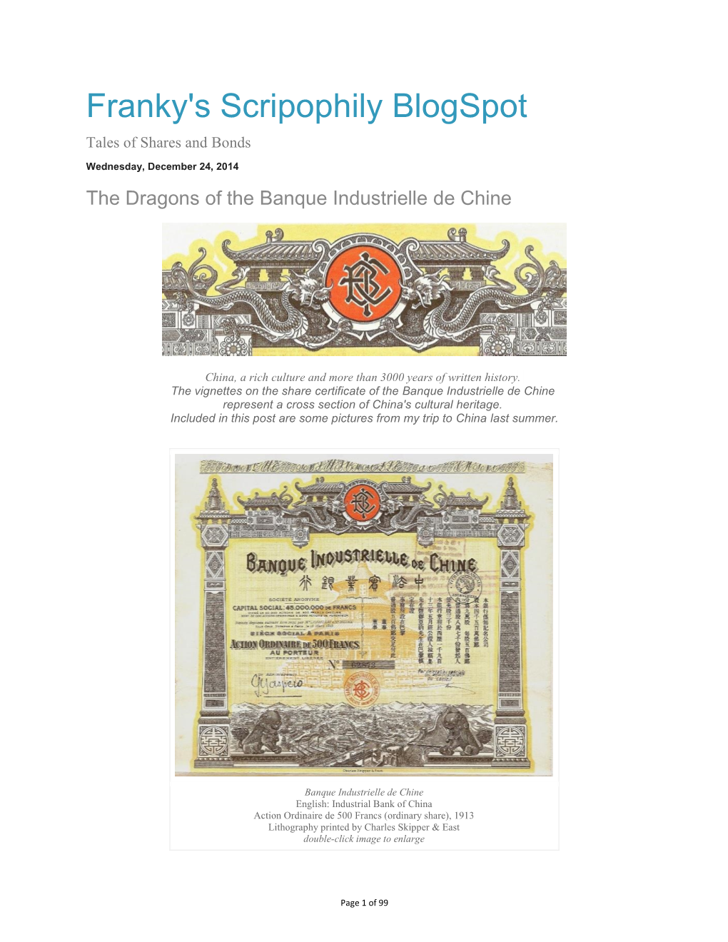 Franky's Scripophily Blogspot Tales of Shares and Bonds