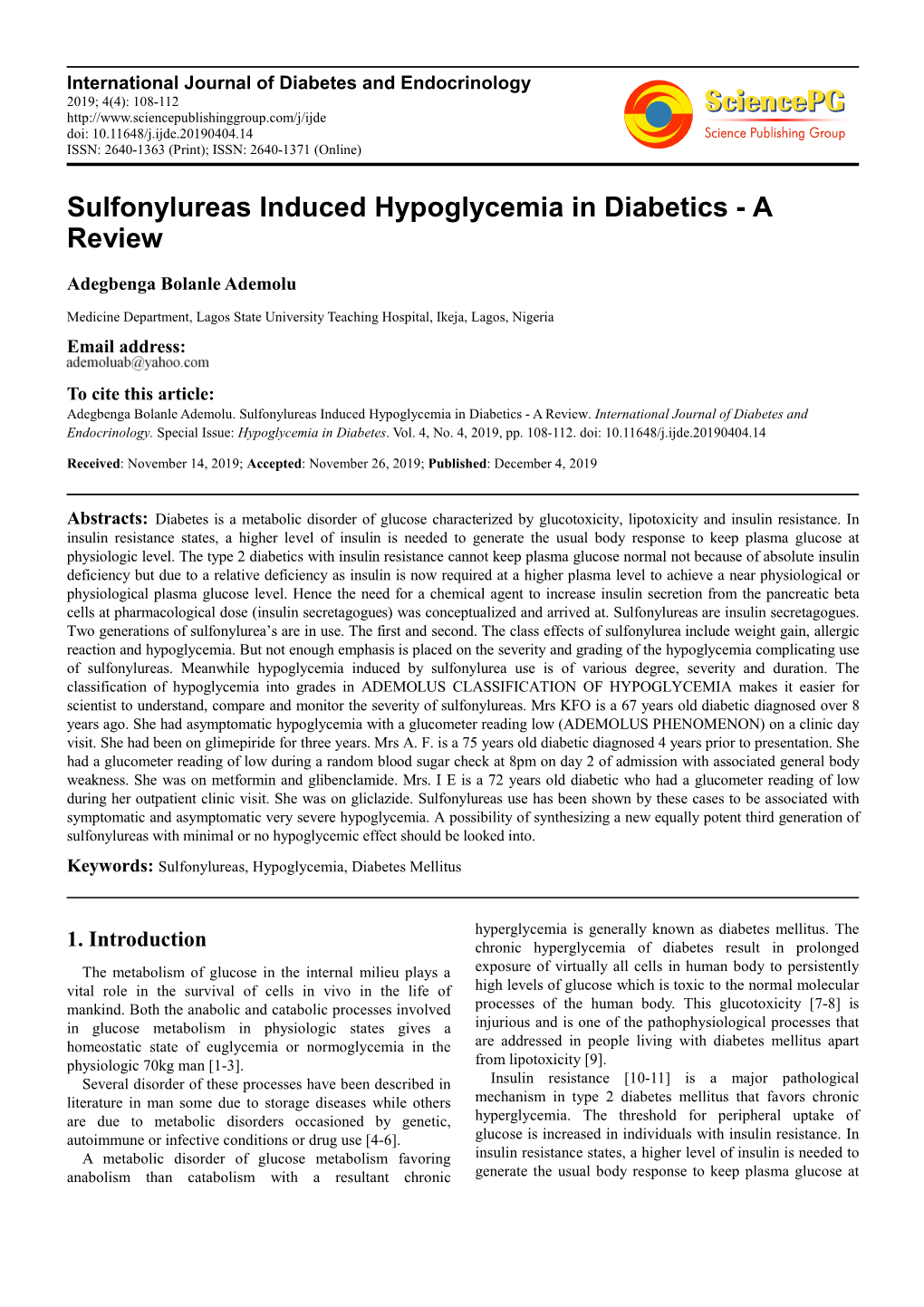 Sulfonylureas Induced Hypoglycemia in Diabetics - a Review