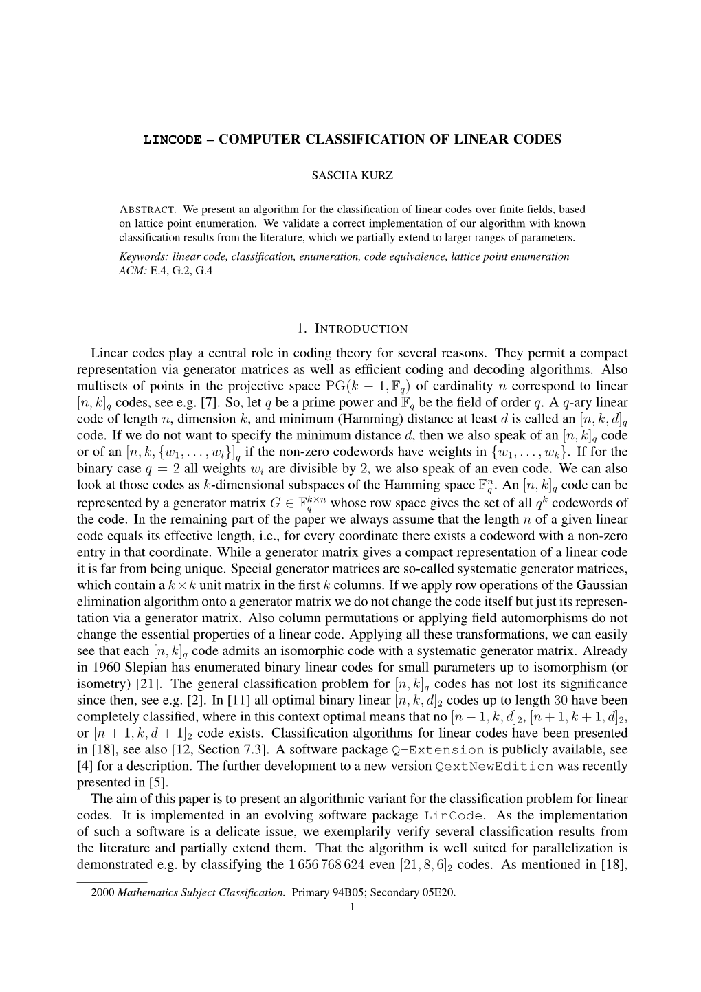 Lincode – Computer Classification of Linear Codes