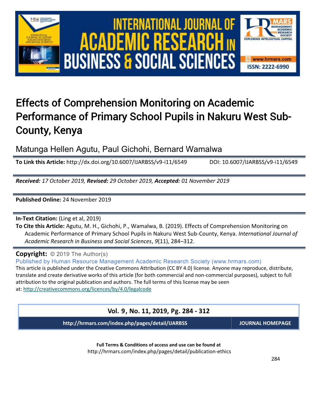 Effects of Comprehension Monitoring on Academic Performance of Primary School Pupils in Nakuru West Sub- County, Kenya