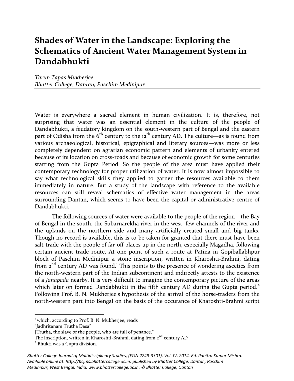 Shades of Water in the Landscape: Exploring the Schematics of Ancient Water Management System in Dandabhukti