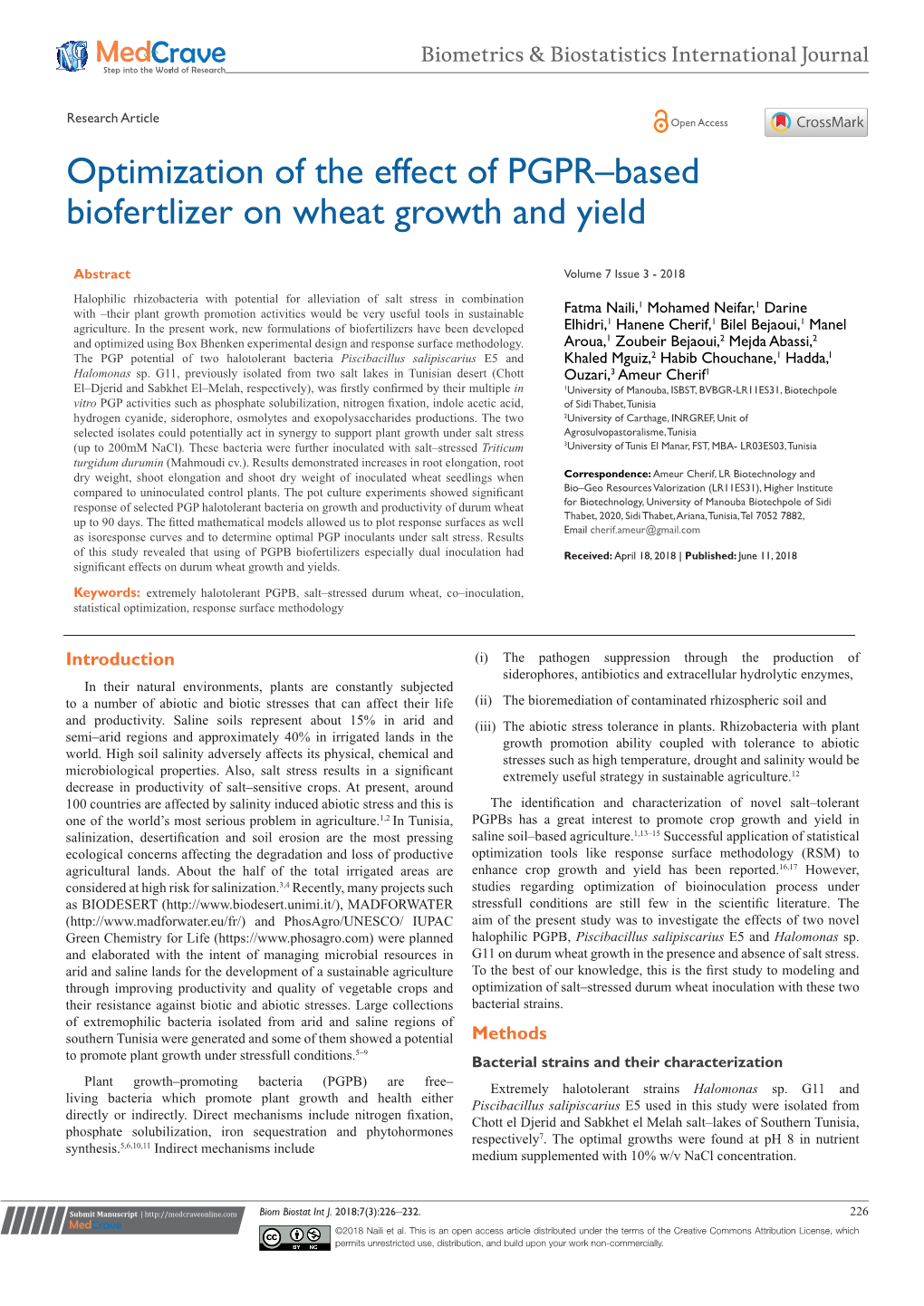 Optimization of the Effect of PGPR–Based Biofertlizer on Wheat Growth and Yield