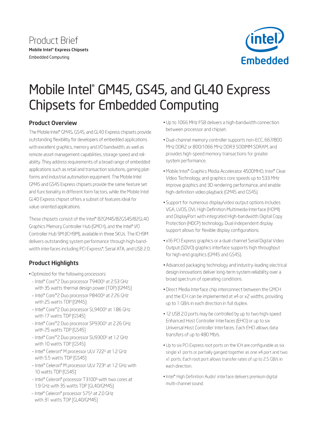 Mobile Intel® GM45, GS45, and GL40 Express Chipsets for Embedded Computing